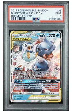 2019 POKEMON SUN & MOON COSMIC ECLIPSE #38 BLASTOISE & PIPLUP GX PSA 9 - Image 1