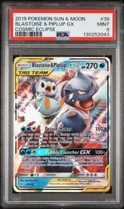 2019 POKEMON SUN & MOON COSMIC ECLIPSE #38 BLASTOISE & PIPLUP GX PSA 9 - Image 1