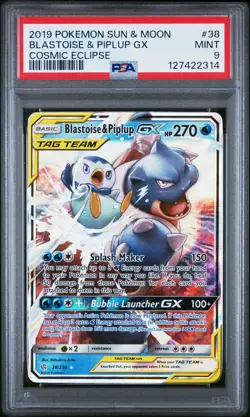 2019 POKEMON SUN & MOON COSMIC ECLIPSE #38 BLASTOISE & PIPLUP GX PSA 9 - Image 1