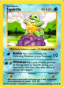 Pokemon TCG Squirtle Base Set 63/102 Regular Shadowless Common LP - Image 1