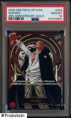 2025 One Piece OP13 EN 3rd Anniversary Gold #004 Shanks PSA 10 GEM MINT - Image 1