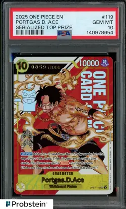 2025 One Piece EN Serialized Top Prize #OP07-119 Portgas D. Ace 0859/1000 PSA 10 - Image 1
