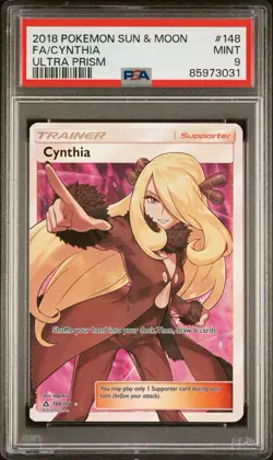 2018 POKEMON SUN & MOON ULTRA PRISM 148 FULL ART CYNTHIA PSA 9 - Image 1