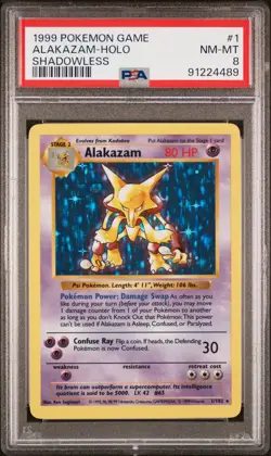 1999 POKEMON BASE SET SHADOWLESS #1 ALAKAZAM-HOLO PSA 8 - Image 1