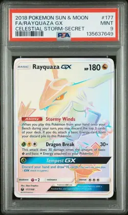 PSA 9 MINT Rayquaza GX Celestial Storm Full Art Secret Rare 2018 Pokemon 177/168 - Image 1