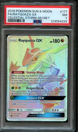 PSA 7 Near Mint Rayquaza GX 177/168 Secret Rare 2018 Celestial Storm Pokemon - Image 1