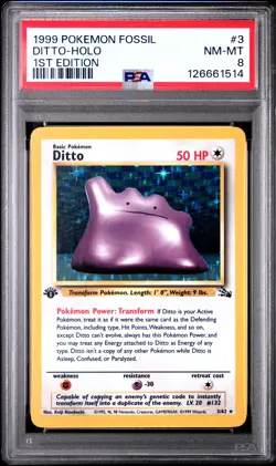 1999 POKEMON FOSSIL 1ST ED #3 DITTO-HOLO PSA 8 - Image 1