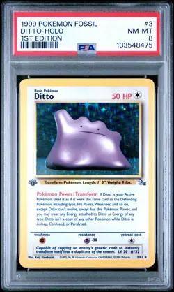 1999 POKEMON FOSSIL 1ST ED #3 DITTO-HOLO PSA 8 - Image 1