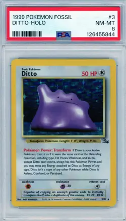 1999 Eng. Pokemon PSA 8 NM/MT Fossil Unlimited DITTO Holo 3/62 Rare Holofoil - Image 1