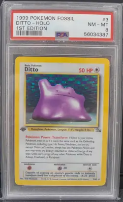 1999 POKEMON FOSSIL 1ST ED #3 DITTO-HOLO PSA 8 - Image 1