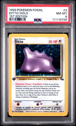 1999 POKEMON FOSSIL 1ST ED #3 DITTO-HOLO PSA 8 - Image 1