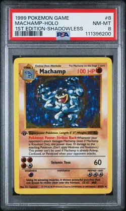 PSA 8 machamp 1st edition Shadowless Holo Rare Pokemon Base Set 1999 - Image 1