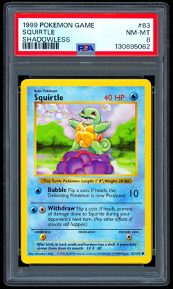 1999 Pokemon SQUIRTLE Base Set SHADOWLESS Edition Non Holo Card 63/102 - PSA 8 - Image 1