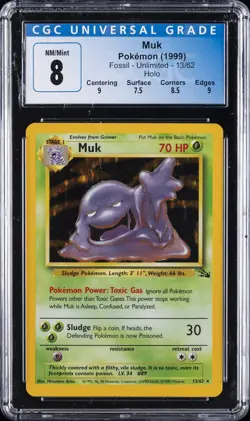 1999 POKEMON FOSSIL - UNLIMITED, HOLO #13/62 MUK CGC 8 - Image 1