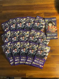 ONE PIECE Card Game Lot ROYALBLOOD OP-10 booster 15 packs Japanese + 1 Op01 Pack - Image 1