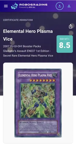 Yugioh Elemental Hero Plasma Vice GLAS-EN037 Secret Rare 1st Edition AGS 8.5 MT+ - Image 3