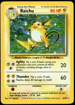 Pokemon TCG Base Set Raichu Holo Rare Card 14/102 Vintage LP Condition - Image 1