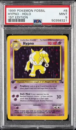 1999 POKEMON FOSSIL 1ST ED #8 HYPNO-HOLO PSA 9 - Image 1