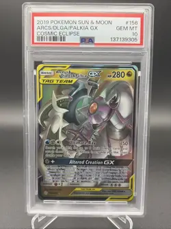 2019 POKEMON SUN & MOON COSMIC ECLIPSE #156 ARCEUS & DIALGA & PALKIA GX PSA 10 - Image 1