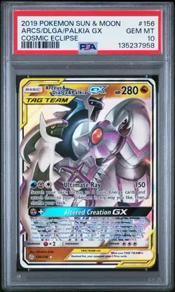2019 POKEMON SUN & MOON COSMIC ECLIPSE #156 ARCEUS & DIALGA & PALKIA GX PSA 10 - Image 1