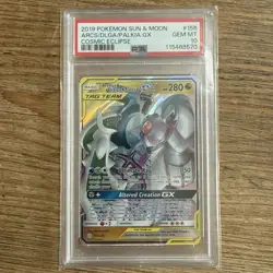 2019 POKEMON SUN & MOON COSMIC ECLIPSE #156 ARCEUS & DIALGA & PALKIA GX PSA 10 - Image 1