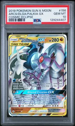 2019 POKEMON SUN & MOON COSMIC ECLIPSE #156 ARCEUS & DIALGA & PALKIA GX PSA 10 - Image 1