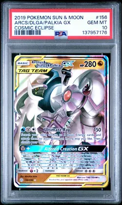 2019 POKEMON SUN & MOON COSMIC ECLIPSE #156 ARCEUS & DIALGA & PALKIA GX PSA 10 - Image 1