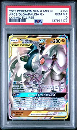 2019 POKEMON SUN & MOON COSMIC ECLIPSE #156 ARCEUS & DIALGA & PALKIA GX PSA 10 - Image 1