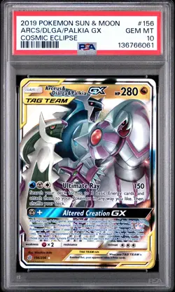 2019 POKEMON SUN & MOON COSMIC ECLIPSE #156 ARCEUS & DIALGA & PALKIA GX PSA 10 - Image 1