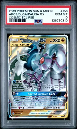 2019 POKEMON SUN & MOON COSMIC ECLIPSE #156 ARCEUS & DIALGA & PALKIA GX PSA 10 - Image 1