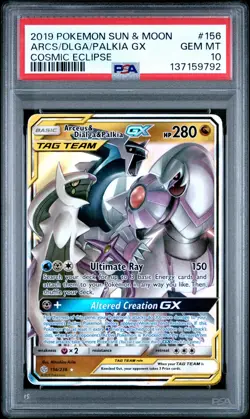 2019 POKEMON SUN & MOON COSMIC ECLIPSE #156 ARCEUS & DIALGA & PALKIA GX PSA 10 - Image 1