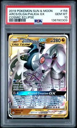 2019 POKEMON SUN & MOON COSMIC ECLIPSE #156 ARCEUS & DIALGA & PALKIA GX PSA 10 - Image 1