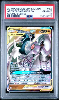 2019 POKEMON SUN & MOON COSMIC ECLIPSE #156 ARCEUS & DIALGA & PALKIA GX PSA 10 - Image 1
