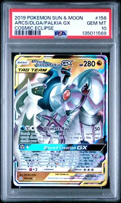 2019 POKEMON SUN & MOON COSMIC ECLIPSE #156 ARCEUS & DIALGA & PALKIA GX PSA 10 - Image 1