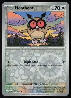 Pokemon Hoothoot 114/142 SV07: Stellar Crown Reverse Holo Pack Fresh - NM - Image 1