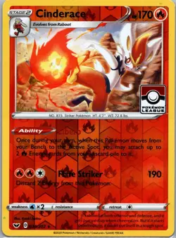 Pokemon TCG Cinderace 034/202 - reverse holo - pokemon league NM - Image 1
