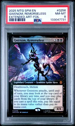 2025 MTG MARVEL'S SPIDER-MAN EXTENDED ART-FOIL #0256 GWENOM, REMORSELESS PSA 8 - Image 1