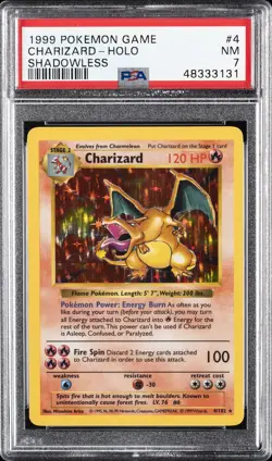 1999 POKEMON BASE SET SHADOWLESS #4 CHARIZARD-HOLO PSA 7 - Image 1