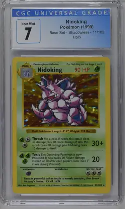 Pokemon 1999 Nidoking 11/102 Base Set Shadowless Holo CGC 7 Near Mint - Image 1