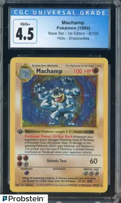 1999 Pokemon Base Set 1st Edition #8/102 Machamp Holo Shadowless CGC 4.5 VG-EX+ - Image 1
