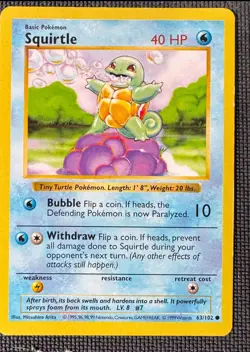 SQUIRTLE 63/102 C BASE SET SHADOWLESS POKEMON MP - Image 1