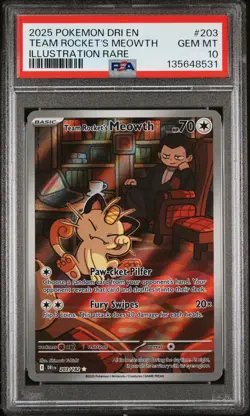 2025 POKEMON DESTINED RIVALS ILLUSTRATION RARE #203 TEAM ROCKET'S MEOWTH PSA 10 - Image 1