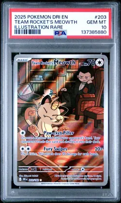 2025 POKEMON DESTINED RIVALS ILLUSTRATION RARE #203 TEAM ROCKET'S MEOWTH PSA 10 - Image 1