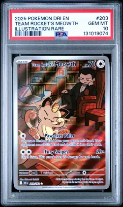 2025 POKEMON DESTINED RIVALS ILLUSTRATION RARE #203 TEAM ROCKET'S MEOWTH PSA 10 - Image 1