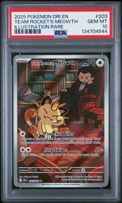2025 POKEMON DESTINED RIVALS ILLUSTRATION RARE #203 TEAM ROCKET'S MEOWTH PSA 10 - Image 1