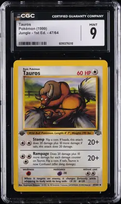 1999 POKEMON JUNGLE 1ST ED #47/64 TAUROS CGC 9 - Image 1