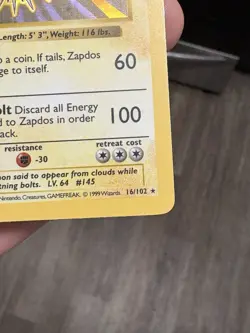 Zapdos 016/102 Base Set 1st Edition (Shadowless) Holo Pokemon Card LP-NM - Image 5