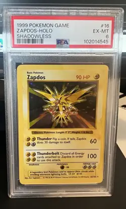 1999 Zapdos Pokemon Game 016/102 Base Set (Shadowless) Holo - PSA 6 - Image 1