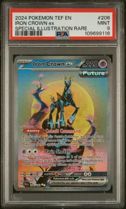 2024 POKEMON TEMPORAL FORCES SPECIAL ILLUSTRATION RARE #206 IRON CROWN EX PSA 9 - Image 1