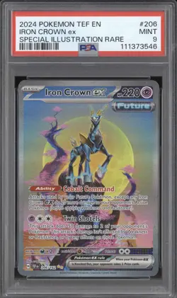 2024 Pokemon Temporal Forces 206 Iron Crown ex Special Illustration Rare PSA 9 - Image 1